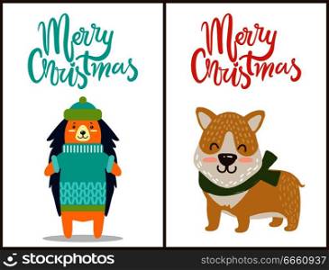 Merry Christmas two bright congratulation posters with dog and porcupine dressed in warm clothes. Vector illustration with animals on bright background. Merry Christmas Two Bright Congratulation Posters
