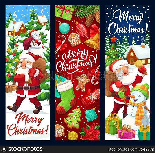 Merry Christmas vector banners, winter holidays greetings and decorations. Santa with snowman carry gifts bag, Christmas tree lights and ornaments, sock and candy canes with gingerbread man cookie. Santa and snowman with gifts bag Christmas banners