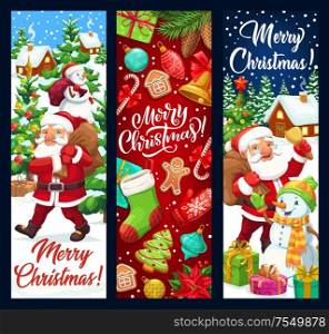 Merry Christmas vector banners, winter holidays greetings and decorations. Santa with snowman carry gifts bag, Christmas tree lights and ornaments, sock and candy canes with gingerbread man cookie. Santa and snowman with gifts bag Christmas banners