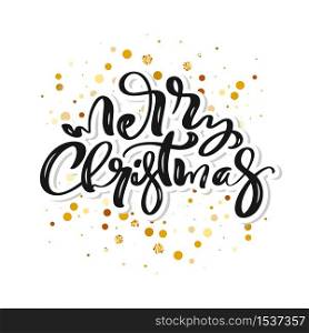 Merry Christmas vector calligraphic handwritten text and frame with golden confetti. Xmas holidays lettering for greeting card, modern winter season postcard.. Merry Christmas vector calligraphic handwritten text and frame with golden confetti. Xmas holidays lettering for greeting card, modern winter season postcard