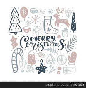Merry Christmas vector calligraphic lettering text and xmas doodle scandinavian elements. Greeting card for winter holiday Happy New Year.. Merry Christmas vector calligraphic lettering text and xmas doodle scandinavian elements. Greeting card for winter holiday Happy New Year