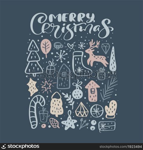 Merry Christmas vector calligraphic lettering text and xmas doodle scandinavian elements on dark background. Greeting card for winter holiday Happy New Year.. Merry Christmas vector calligraphic lettering text and xmas doodle scandinavian elements on dark background. Greeting card for winter holiday Happy New Year