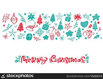 Merry Christmas vector calligraphy lettering text. Xmas scandinavian greeting card. Hand drawn illustration of a cute funny winter elements. Isolated objects.. Merry Christmas vector calligraphy lettering text. Xmas scandinavian greeting card. Hand drawn illustration of a cute funny winter elements. Isolated objects