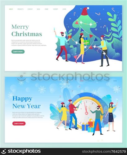 Merry Christmas vector, celebration of new year and winter holidays. People by pine tree drinking champagne and exchanging gifts. Clock and foliage decor. Website or webpage template, landing page. Merry Christmas People Celebrating Winter Holiday