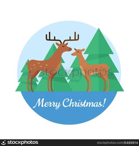 Merry christmas vector concept in flat design. Fallow deers couple, female and male standing on background of spruce trees. Northern flora and fauna motif. For greeting cards, advertising, web design. Merry Christmas Vector Concept in Flat Design. Merry Christmas Vector Concept in Flat Design