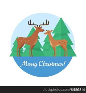 Merry christmas vector concept in flat design. Fallow deers couple, female and male standing on background of spruce trees. Northern flora and fauna motif. For greeting cards, advertising, web design. Merry Christmas Vector Concept in Flat Design. Merry Christmas Vector Concept in Flat Design