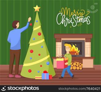 Merry Christmas vector, father and son decorating pine tree at home. Man holding bauble for fir, boy kid carrying box with garlands. Improving home interior for winter holidays, fireplace with logs. Merry Christmas Holidays Celebration of Family