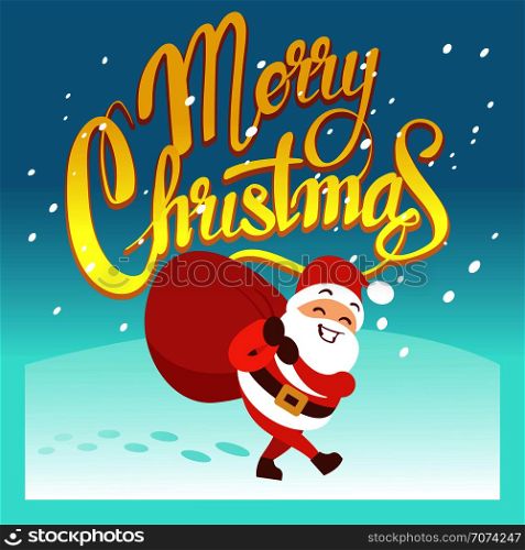 Merry Christmas vector greeting card or party invitation with funny Santa Claus and Xmas gifts. Cartoon santa claus on xmas card illustration. Merry Christmas vector greeting card or party invitation with funny Santa Claus and Xmas gifts