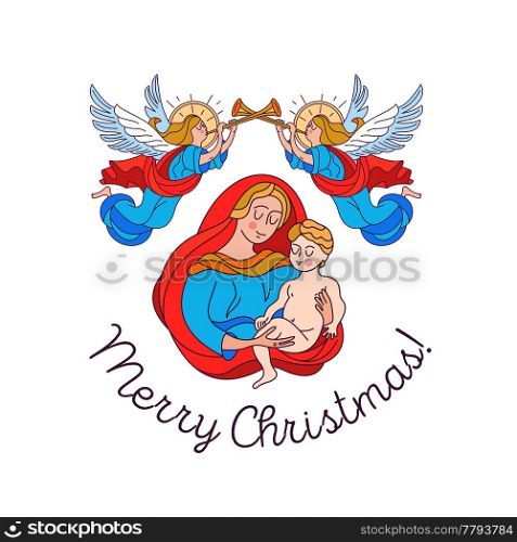 Merry Christmas. Vector greeting card. The virgin Mary and the baby Jesus.