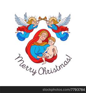 Merry Christmas. Vector greeting card. The virgin Mary and the baby Jesus.