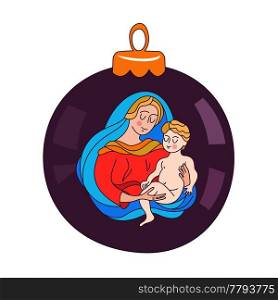 Merry Christmas. Vector greeting card. The virgin Mary and the baby Jesus. Christmas toy ball.