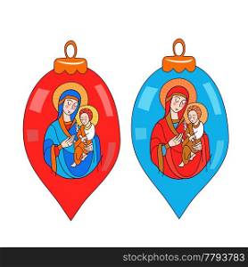 Merry Christmas. Vector greeting card. The virgin Mary and the baby Jesus. Two Christmas decorations.