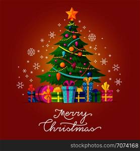 Merry Christmas vector greeting card with Xmas tree. Holiday celebration new year with tree illustration. Merry Christmas vector greeting card with Xmas tree