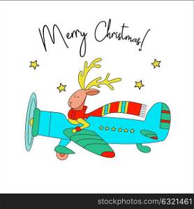 Merry Christmas! Vector illustration. Cute deer pilot in multi-colored knitted scarf, flying on the plane. Vector illustration of hand drawn.