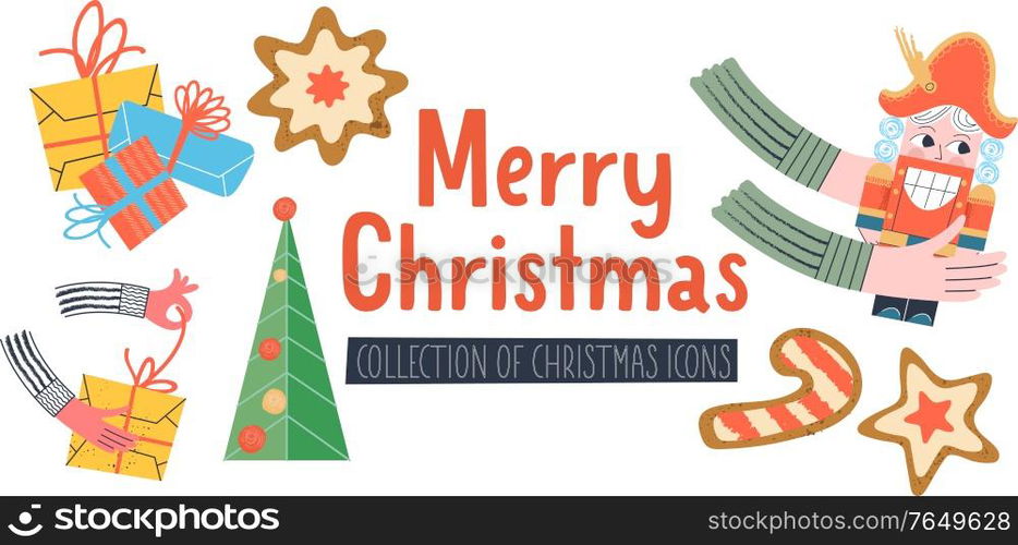 Merry Christmas. Vector illustration, greeting card. A set of holiday decor elements. Gifts, Nutcracker, Christmas cookies, Christmas tree.. Merry Christmas. Vector illustration, greeting card. A set of holiday decor elements.