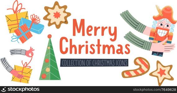 Merry Christmas. Vector illustration, greeting card. A set of holiday decor elements. Gifts, Nutcracker, Christmas cookies, Christmas tree.. Merry Christmas. Vector illustration, greeting card. A set of holiday decor elements.