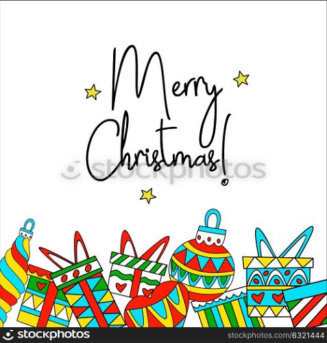 Merry Christmas! Vector illustration of hand drawn. A lot of colorful boxes with gifts and Christmas decorations.