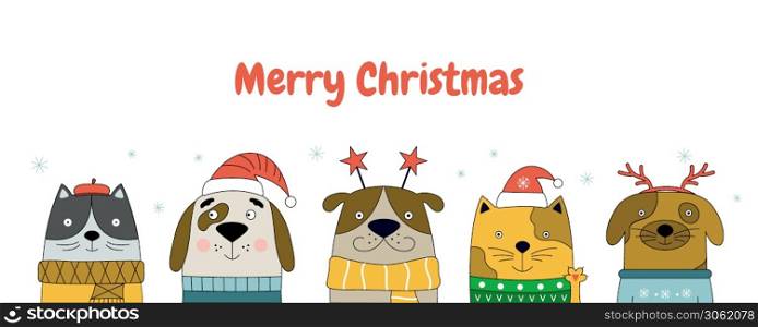 Merry Christmas vector illustration with cats and dogs. Christmas banner for pet shop web site.