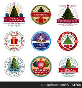 Merry christmas vector labels. Winter holiday retro emblems and logos. Flat christmas label, new year 2018 emblem illustration. Merry christmas vector labels. Winter holiday retro emblems and logos