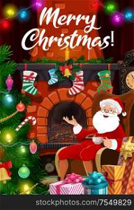 Merry Christmas, vector poster with Santa drinking tea in chair at fireplace with gift socks. Christmas tree lights and decorations, balls, candy canes, golden tinsel, clock and candles. Christmas tree lights, Santa gifts at fireplace