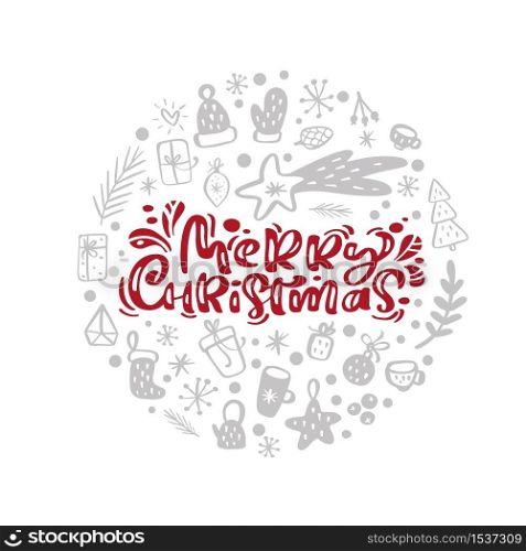 Merry Christmas vector scandinavian calligraphic vintage text in form of round ball with xmas elements. Greeting card template with vintage style elements Doodle Illustration.. Merry Christmas vector scandinavian calligraphic vintage text in form of round ball with xmas elements. Greeting card template with vintage style elements Doodle Illustration