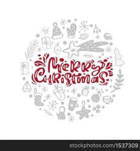 Merry Christmas vector scandinavian calligraphic vintage text in form of round ball with xmas elements. Greeting card template with vintage style elements Doodle Illustration.. Merry Christmas vector scandinavian calligraphic vintage text in form of round ball with xmas elements. Greeting card template with vintage style elements Doodle Illustration