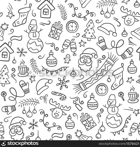Merry Christmas. Vector seamless pattern in doodle style. Black and white. Merry Christmas. Vector seamless pattern in doodle style.
