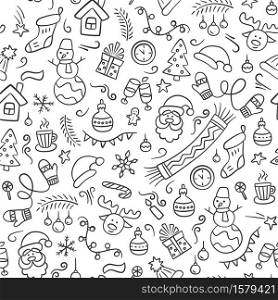 Merry Christmas. Vector seamless pattern in doodle style. Black and white. Merry Christmas. Vector seamless pattern in doodle style.