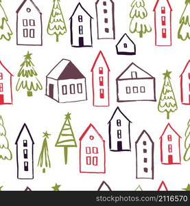 Merry Christmas vector seamless pattern with hand drawn houses and Christmas trees. . Merry Christmas vector seamless pattern