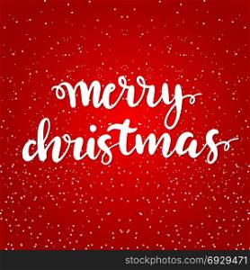 Merry Christmas vector text. Merry Christmas vector Calligraphic Lettering design. For card, poster, banner template. Creative typography text on red background with white snowflakes