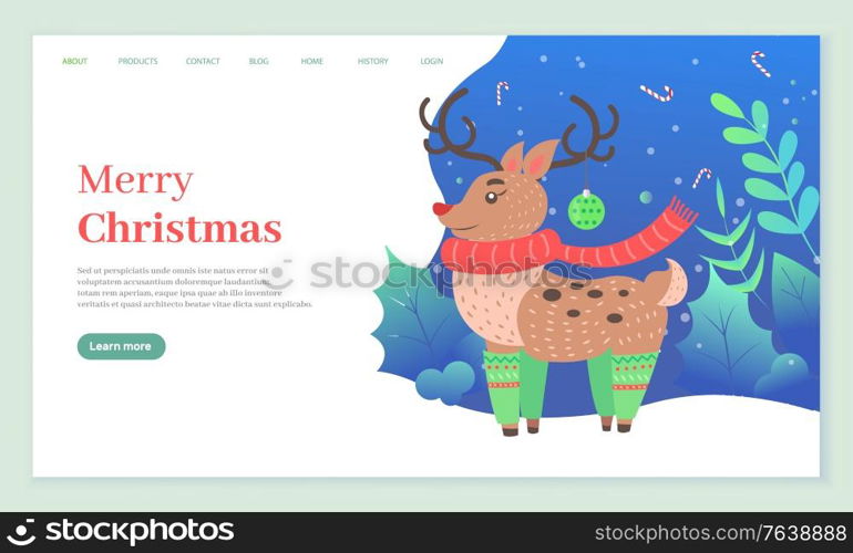 Merry christmas vector, winter landscape with trees and foliage. Deer wearing warm clothes. Reindeer in socks with horns decorated with bauble toy. Website or webpage template, landing page flat style. Merry Christmas Deer Animal in Warm Clothes Web