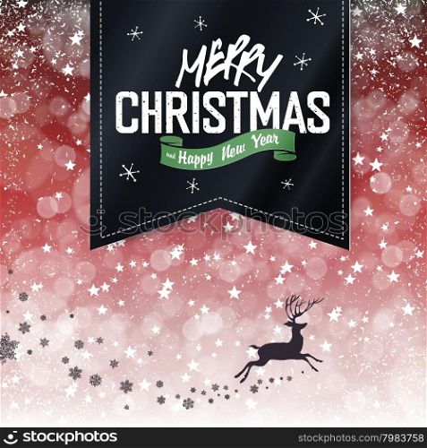 Merry Christmas Vintage Background. Falling Snow and Black Badge with Greeting and Christmas deer silhouette. All layers separated and can be edited.