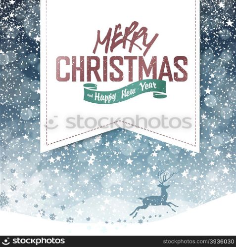 Merry Christmas Vintage Background with Christmas deer silhouette. Falling Snow and White Badge with Greeting. All layers separated and can be edited.