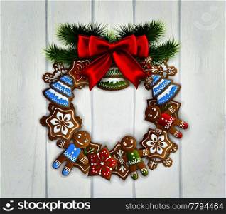Merry christmas vintage design with white wooden door decorated by wreath made of christmas toys realistic vector Illustration. Christmas Wreath With Red Bow