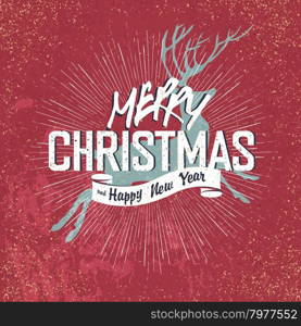 Merry Christmas Vintage Lettering with Christmas deer silhouette on red aged background