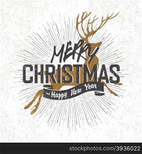 Merry Christmas Vintage Monochrome Lettering with Christmas deer silhouette on background