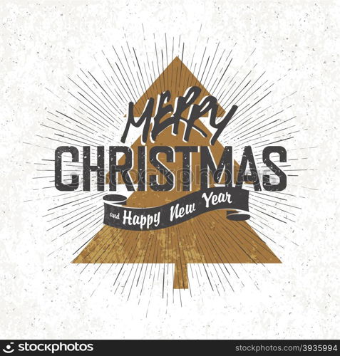 Merry Christmas Vintage Monochrome Lettering with Christmas tree silhouette on background