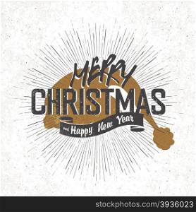 Merry Christmas Vintage Monochrome Lettering with Santa`s hat silhouette on background