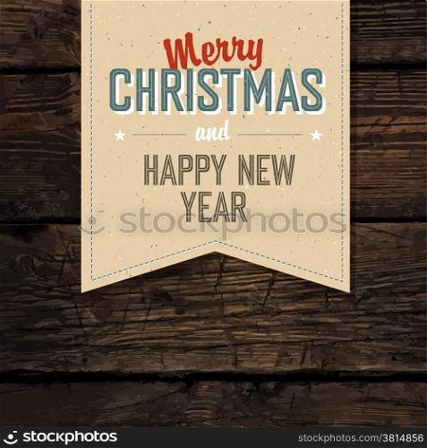 Merry Christmas VIntage Tag Design On Red Planks. Vector