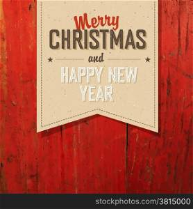 Merry Christmas VIntage Tag Design On Red Planks. Vector
