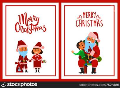 Merry Christmas, winter characters kid boy making wish vector. Santa Claus with sack presents to children and Snow Maiden helping him. Wintertime set. Merry Christmas Winter Characters and Kid Boy