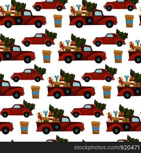 Merry Christmas winter holiday celebration and preparation seamless pattern isolated on white background. Car and scooter driving with presents vector. Pine decorated with balls and garlands. Merry Christmas winter holiday celebration and preparation seamless pattern isolated on white background.