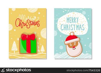 Merry Christmas winter holiday celebration poster vector. Present with bow decoration, Santa Claus with beard. Gift box with ribbon man character. Merry Christmas Winter Holiday Celebration Poster