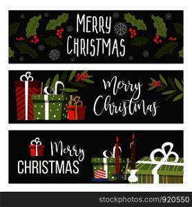Merry Christmas winter holiday celebration posters with greetings vector. Socks and snowing weather, snowflakes and mistletoe, baked gingerbread cookies in form of man and star, cake and pine. Merry Christmas winter holiday celebration posters with greetings vector.