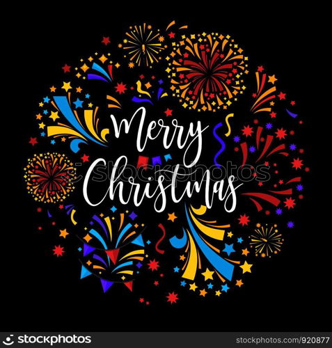 Merry Christmas winter holiday celebration with fireworks at night sky vector, Happy new year greeting, decoration with confetti and multicolored stripes. Shiny lights and text, curved fonts. Merry Christmas winter holiday celebration with fireworks at night sky
