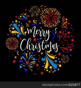 Merry Christmas winter holiday celebration with fireworks at night sky vector, Happy new year greeting, decoration with confetti and multicolored stripes. Shiny lights and text, curved fonts. Merry Christmas winter holiday celebration with fireworks at night sky
