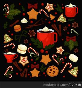 Merry Christmas winter holiday concept symbolic images. Wreath and gingerbread cookies in form of pine and star. Cinnamon and chocolate, cup with hot beverage, coffee and candies mistletoe. Merry Christmas winter holiday concept symbolic images.