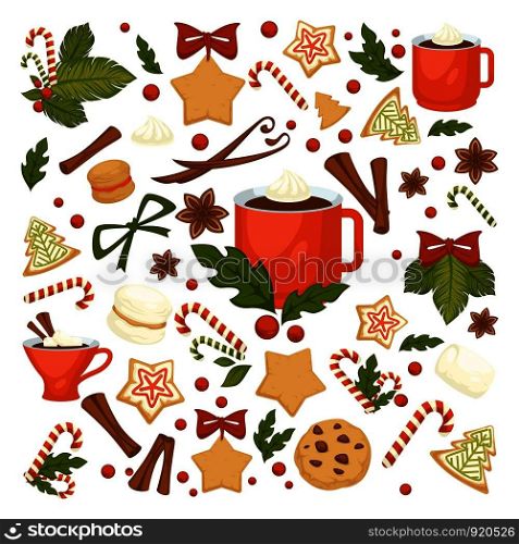 Merry Christmas winter holiday concept symbolic images. Wreath and gingerbread cookies in form of pine and star. Cinnamon and chocolate, cup with hot beverage, coffee and candies mistletoe. Merry Christmas winter holiday concept symbolic images.