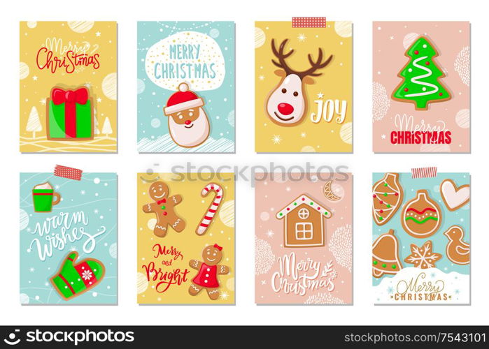 Merry Christmas winter holiday greeting cookies vector. Gingerbread biscuit in shape of pine, reindeer and mitten, house and bauble, bird and heart. Merry Christmas Winter Holiday Greeting Cookies