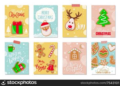 Merry Christmas winter holiday greeting cookies vector. Gingerbread biscuit in shape of pine, reindeer and mitten, house and bauble, bird and heart. Merry Christmas Winter Holiday Greeting Cookies